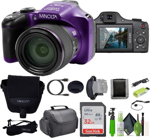 MINOLTA MN67Z 20 MP / 1080P FHD Bridge Digital Camera w/67x Optical Zoom (Red) Bundle with 32GB Memory Card + Camara Bag + Cleaning Kit + Vlogging Tripod + Accessories in Saudi Arabia