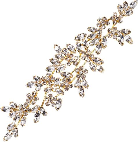 FINGERINSPIRE Rhinestone Applique Golden Sewing Applique 8.67x2.56x0.2inch Crystal Color Wedding Craft Rhinestone Applique Flower Leaves Rhinestone Applique for Wedding Dress Bridal Belt Decor in Saudi Arabia