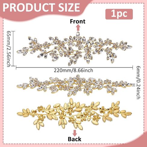 FINGERINSPIRE Rhinestone Applique Golden Sewing Applique 8.67x2.56x0.2inch Crystal Color Wedding Craft Rhinestone Applique Flower Leaves Rhinestone Applique for Wedding Dress Bridal Belt Decor in Saudi Arabia