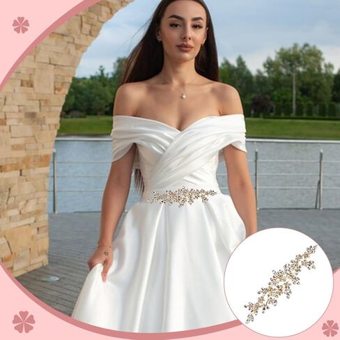FINGERINSPIRE Rhinestone Applique Golden Sewing Applique 8.67x2.56x0.2inch Crystal Color Wedding Craft Rhinestone Applique Flower Leaves Rhinestone Applique for Wedding Dress Bridal Belt Decor in Saudi Arabia