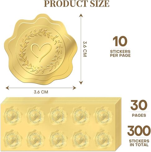 300 Pcs Embossed Gold Foil Stickers with Heart and Garland Pattern for Sealing Awards Embossing Certificates and Envelopes Sticker Seals in Saudi Arabia