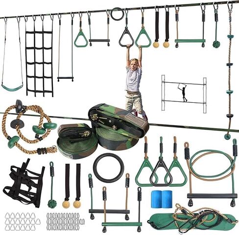 Hyponix Ninja Obstacle Course for Kids – 2 x 60 ft Slacklines with 13 Weatherproof Obstacles – Monkey Net, Ratchet-Tight Tech, Supports 880 lbs – Climbing & Swinging Backyard Fun in Saudi Arabia