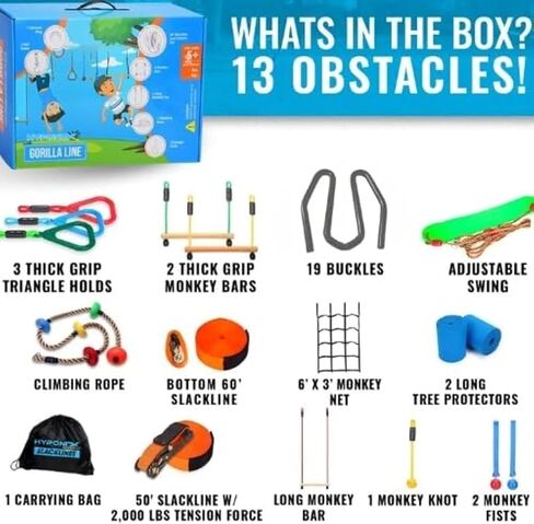 Hyponix Ninja Obstacle Course for Kids – 2 x 60 ft Slacklines with 13 Weatherproof Obstacles – Monkey Net, Ratchet-Tight Tech, Supports 880 lbs – Climbing & Swinging Backyard Fun in Saudi Arabia