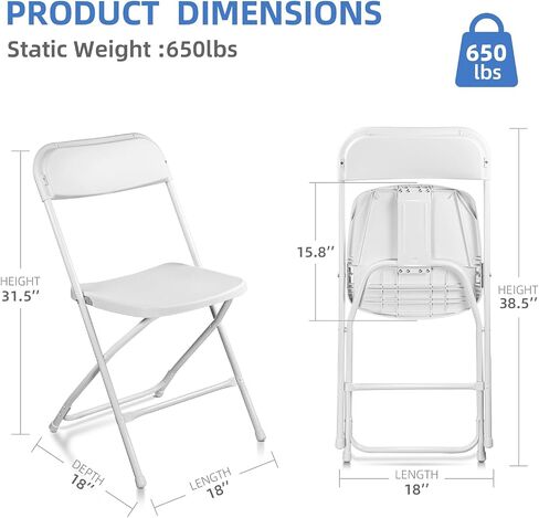 20 Pack White Plastic Folding Chairs, Indoor Outdoor Portable Stackable Commercial Seat with Steel Frame 350lb (White, 20) in Saudi Arabia