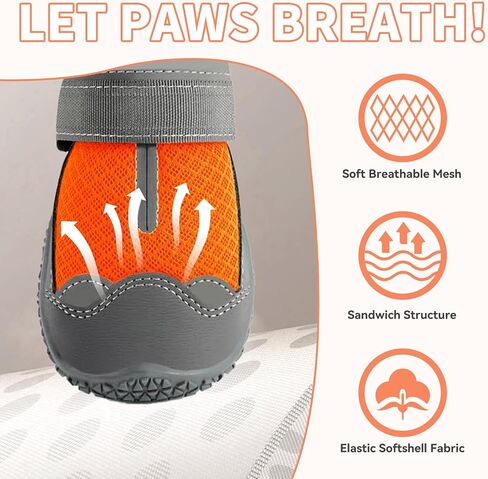 Dog Booties,Waterproof Dog Shoes for Large Medium Small Dogs,Suitable for Summer Hot Pavement,Adjustable Non-Slip Rubber Paw Protector (Orange, #8 (Width 3.0 inch) for 74-91 lbs) in Kuwait