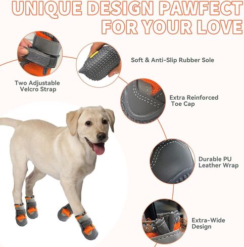 Dog Booties,Waterproof Dog Shoes for Large Medium Small Dogs,Suitable for Summer Hot Pavement,Adjustable Non-Slip Rubber Paw Protector (Orange, #8 (Width 3.0 inch) for 74-91 lbs) in Kuwait