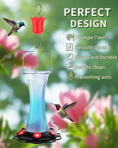 Hanging 20oz Glass Hummingbird Feeder with Moat, Small Outdoor Plastic Bird Feeder, Squirrel Proof, Ants, Outside Water Dispenser for Garden (Blue Glass Bird Feeder-2) in Kuwait