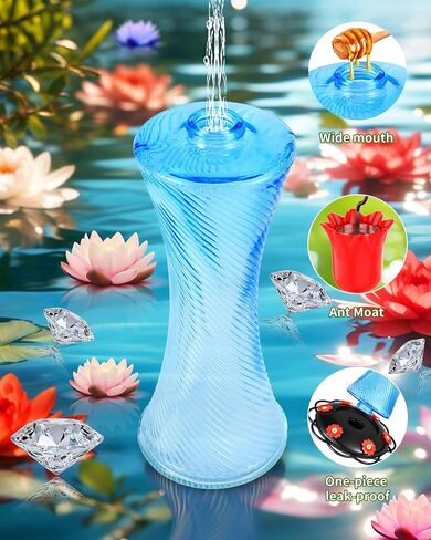 Hanging 20oz Glass Hummingbird Feeder with Moat, Small Outdoor Plastic Bird Feeder, Squirrel Proof, Ants, Outside Water Dispenser for Garden (Blue Glass Bird Feeder-2) in Kuwait