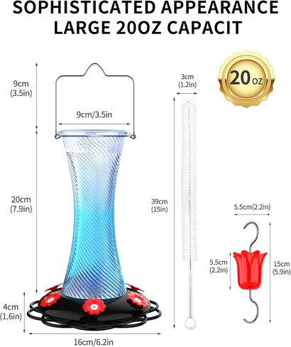 Hanging 20oz Glass Hummingbird Feeder with Moat, Small Outdoor Plastic Bird Feeder, Squirrel Proof, Ants, Outside Water Dispenser for Garden (Blue Glass Bird Feeder-2) in Kuwait
