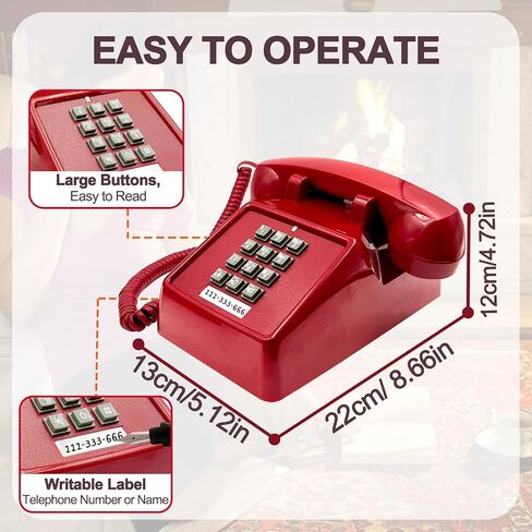 Vintage Retro Landline Phone, Old Telephone with Mechanical Ringer Receiver Volume Adjustable Retro Analog Desk Phone Classic Design for Home, School (Red) in Saudi Arabia
