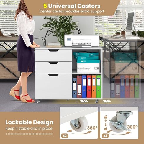 LOKO 3-Drawer File Cabinet, Mobile Printer Stand Cabinet with Adjustable Shelf, Rolling Lateral Filing Cabinet with Wheels for Letter, A4, Legal Size, for Home Office Organization (White) in Saudi Arabia