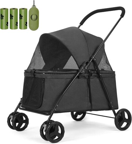 20% Larger Capacity, Wedyvko Dog Stroller for Medium/Small Pets w/Dog Poop Bags & Dispenser, Storage Pouch, Zipperless, Entry in/Out Easy (Black) in Kuwait