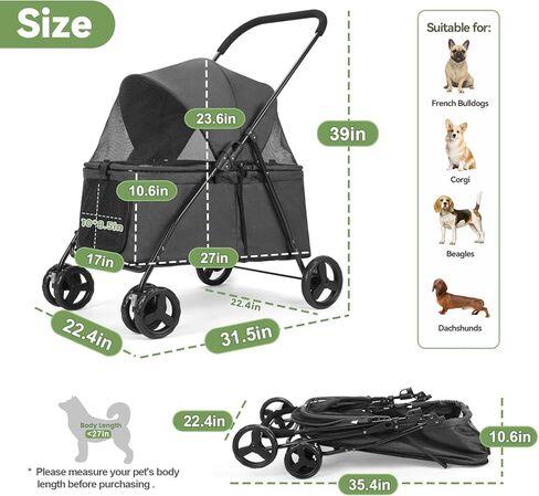 20% Larger Capacity, Wedyvko Dog Stroller for Medium/Small Pets w/Dog Poop Bags & Dispenser, Storage Pouch, Zipperless, Entry in/Out Easy (Black) in Kuwait