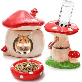 Hacaroa 3 Pack Ceramic Hamster Hideout, Mushroom Shape Guinea Pig Food Bowl Cute Water Bottle with Stand, Cool Hamster Bed House Small Animal Cage Accessories for Dwarf Hamsters, Mice, Gerbils