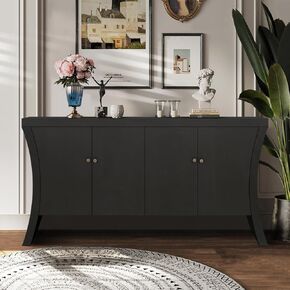 Refined Industrial 4-Door Credenza with Wooden Arc Legs Bronze Clasps Advanced Storage Design, Solid Craftsmanship, Black