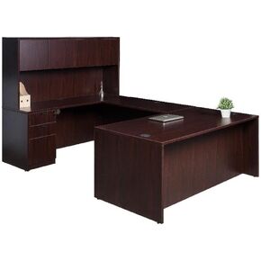 Pemberly Row U-Shape Desk Credenza with Pedestal and Hutch in Mahogany