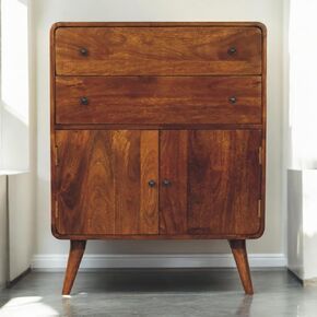 Strongroom Woodari Storage Cabinet – Solid Mango Wood in Chestnut Finish – Mid-Century Modern Organizer with 2 Drawers & Double Door Cabinet – 29.5" W x 13.8" D x 37.8" H