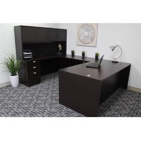 Pemberly Row U-Shape Desk Credenza with Pedestal and Hutch in Mocha
