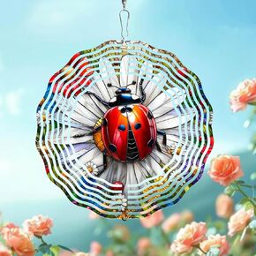 Ladybug Wind Spinner 3D for Outdoor Decor, Stainless Steel Hanging Wind Spinner, Kinetic Art 10 inch Ornament Spinner for Garden Decoration