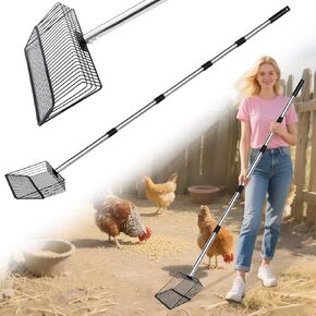 Heavy Duty Chicken Coop Scooper & Poop Scoop - 10" Wide Stainless Steel Sifting Shovel with 5-in1 Extendable Handle for Chicken Manure, Beach Sand, Cat Litter & Dog Kennels​(25" to 67")