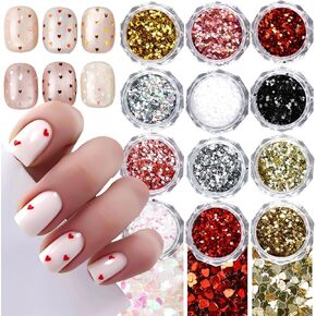 3D Heart Nail Nail Art Flakes ، 12 الجرار المجسم اللمعان المصغرة Mini Love Heart Requins 3D مسامير بيليت ، شرائح مرآة على شكل قلب بالليزر لمستلزمات الأظافر لفن الأظافر.