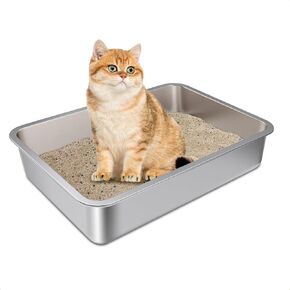 Stainless Steel Litter Box Small to Medium,17.7" x 13.7" x 4" Litter Box for Kittens,Easy Clean Non Stick Low Entry No Smell Metal Litterbox for Senior Cats or Short Legged Cat/Rabbits