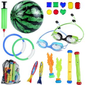 Vvinca 21 Pcs Diving Toy Set with Swimming Goggles, Colorful Pool Toys Rings, Dive Sticks, Treasure Torpedoes & Storage Bag Gifts for Kids Ages 3-12 Boys Girls, Perfect for Pool Party & Water Training