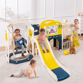 Toddler Slide Set 12 in 1, Large Kids Swing and Slide playSet for Toddlers 1-3, Outdoor Indoor Playground with Climber, Basketball Hoop, Tunnel and Storage Space (Blue Yellow)
