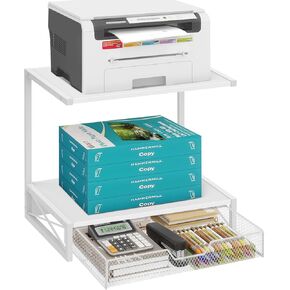 ELITEROO 2-Tier Desktop Printer Stand with Storage Drawer, Wooden Printer Stand for Desk, Small Printer Table with Shelf for Home Office, Fits Fax Machine, Scanner, 3D Printer, Rustic Brown