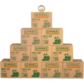U-Haul Small Moving Boxes - Pack of 10 Boxes with Handles - 12-5/8" x 16-3/8" x 12-5/8"- Bonus Roll of Tape Included