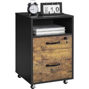 Topeakmart Rolling Vertical Filing Cabinet with 2 Drawer and 1 Open Compartments, File Storage Cabinet with Lock, Printer Stand for Home and Office Black/Rustic Brown
