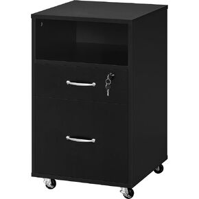 Topeakmart Rolling Vertical Filing Cabinet with 2 Drawer and 1 Open Compartments, File Storage Cabinet with Lock, Printer Stand for Home and Office Black/Rustic Brown in Kuwait
