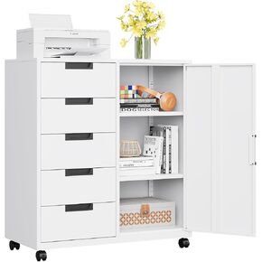 MIIIKO 5 Drawer Storage Cabinet with Door and Shelf, Mobile Lateral Cabinet on Wheels, Office Small Organizer Printer Stand, Black File Cabinets