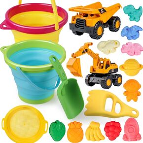 Beach Sand Toys,Sandbox Toys Set with 2 Collapsible Toy Buckets, 2 Dump Truck, Dinosaur Space Fruit Molds,Shovels, Mesh Bag,Summer Beach Essentials for Toddlers Kids Boys Girls Ages 3-10