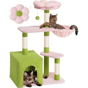 Flower Cat Tree for Indoor Cats, 2-Door Large Cat Condo Cave Bed for Big Adult Cats, 41.2'' Cute Cat Tower with Scratching Posts, Cozy Floral Perch and Hammock for Kittens, Green Pink in Kuwait