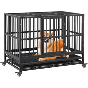 42inch Heavy Duty Indestructible Dog Crate Steel Escape Proof,Indoor Dog House High Anxiety Cage,Kennel with Wheels,Removable Tray