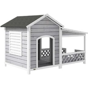 PawHut Wooden Dog House Outdoor with Porch, Cabin Style Raised Dog Shelter with Asphalt Roof, Doors, and Shutter Window, for Medium Large Sized Dog, Light Gray