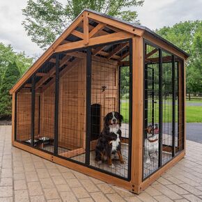 Backyard Discovery 7' x 5' Waggin' Retreat Cedar Wood Large Dog Kennel with Galvanized Steel Roof, Feeding Door, Doghouse Back Door, Water and Food Tray, Secure Lock Gate for Safe Outdoor Pet Shelter