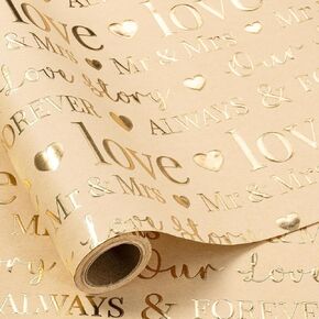 RUSPEPA Wedding Wrapping Paper, Mini Roll, Silvery Gold Foil LOVE Design, Perfect for Wedding, Bridal Shower, Anniversary, Engagement, 17 Inches x 16.5 Feet
