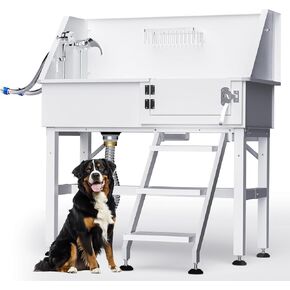 Dog Washing Station for Home, 38" White Professional Stainless Steel Dog Grooming Tub, Height Adjustable Dog Bathing Station, Upgrade Parts, Dog Bath Tubs for Small & Medium Dogs (Right Ramp)