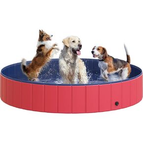 PawHut Foldable Pet Swimming Pool, Portable Dog Bathing Tub, 12" x 63" Plastic Large Dog Pool for Outdoor Dogs and Cats, Red