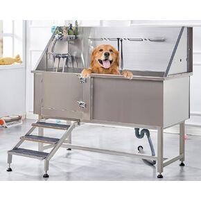 Albott 60-Inch Stainless Steel Dog Washing Station with Anti-Slip Steps, Sprayer, Faucet, and Soap Box – Professional Pet Bathtub for Medium/Small Pets, Ideal for Home, Garage, and Grooming(Left)