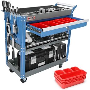 AIRAJ 3 Tier Rolling Tool Cart,Mechanic Tool Cart on Wheels,Industrial Utility Cart with Drawers and Pegboard,440 LBS Capacity Tool Storage Cart for Garage,Warehouse,Blue