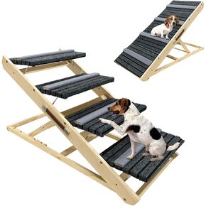 2-in-1 Wooden Dog Stairs/Ramp,Portable Pet Ramp with Anti-Slip Surface,Adjustable Foldable 5 Levels Wooden Pet Stairs for Beds, Sofa,Couch and Cars, Dog Stairs for Small Medium Large Dogs