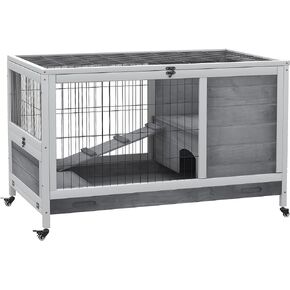 PawHut Wooden Rabbit Hutch Indoor Outdoor, Elevated Bunny Cage with No Leak Tray Enclosed Run with Wheels, Ideal for Guinea Pigs and Small Animals, Gray
