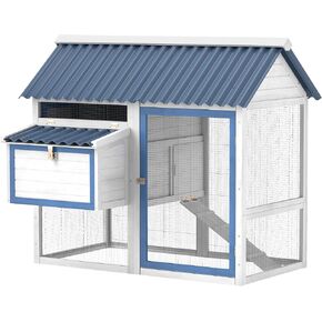 PawHut 55.5" Chicken Coop, Wooden Hen House with Run Box, Nesting Box, Removable Tray, Ramp, Outdoor Backyard Poultry Cage for 2-3 Chickens, White