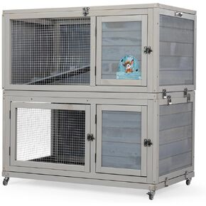 Weatherproof Wooden Rabbit Hutch for Indoor Outdoor Use, 2 Story Bunny Cage House with Wheels, Small Animal Shelter with Pull Out Tray, Non-Slip Ramp, Chicken Coop, Pet House Guinea Pigs Quail