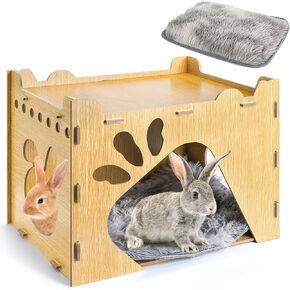 Yesland Rabbit Hideout Castle, Large Wooden Bunny Houses and Hideouts with Pet Pad, Detachable Small Animal Play Hideaway Hut and Playhouse for Indoor Bunnies Guinea Pig Hamster Chinchilla Gerbi