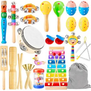 Musical Instruments Toys Toddlers Baby Wooden Percussion Music Drum Set Kids Preschool Educational Montessori Toys Children's Xylophone 1-3 3-5 Year Old Boys Girls Gifts with Storage Bag