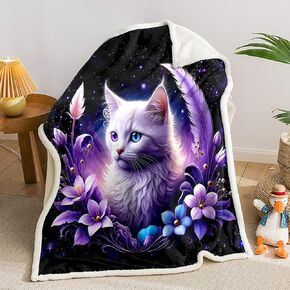 AILONEN Kawaii Cat Kitten Girls Blankets,Pink Floral Cat Fleece Sherpa Blanket Gifts,Lovely Animal Themed Soft 78 x 59 Inches Throw Blanket